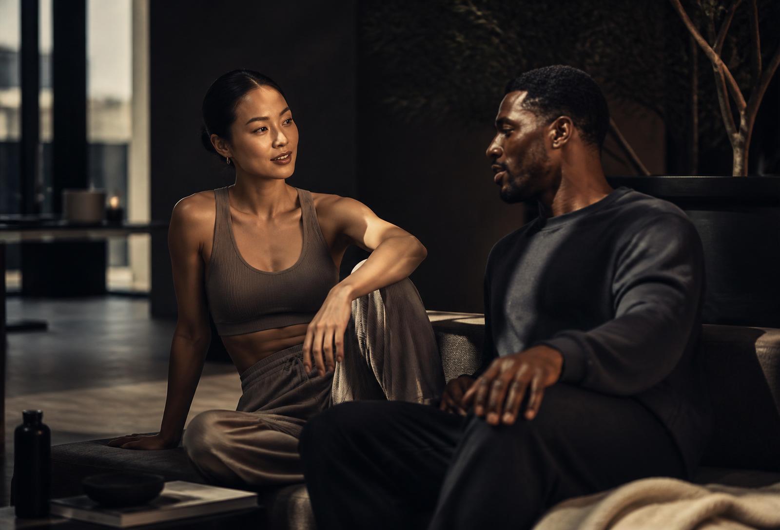 A confident East Asian woman and Black man in tonal loungewear in an elegant interior