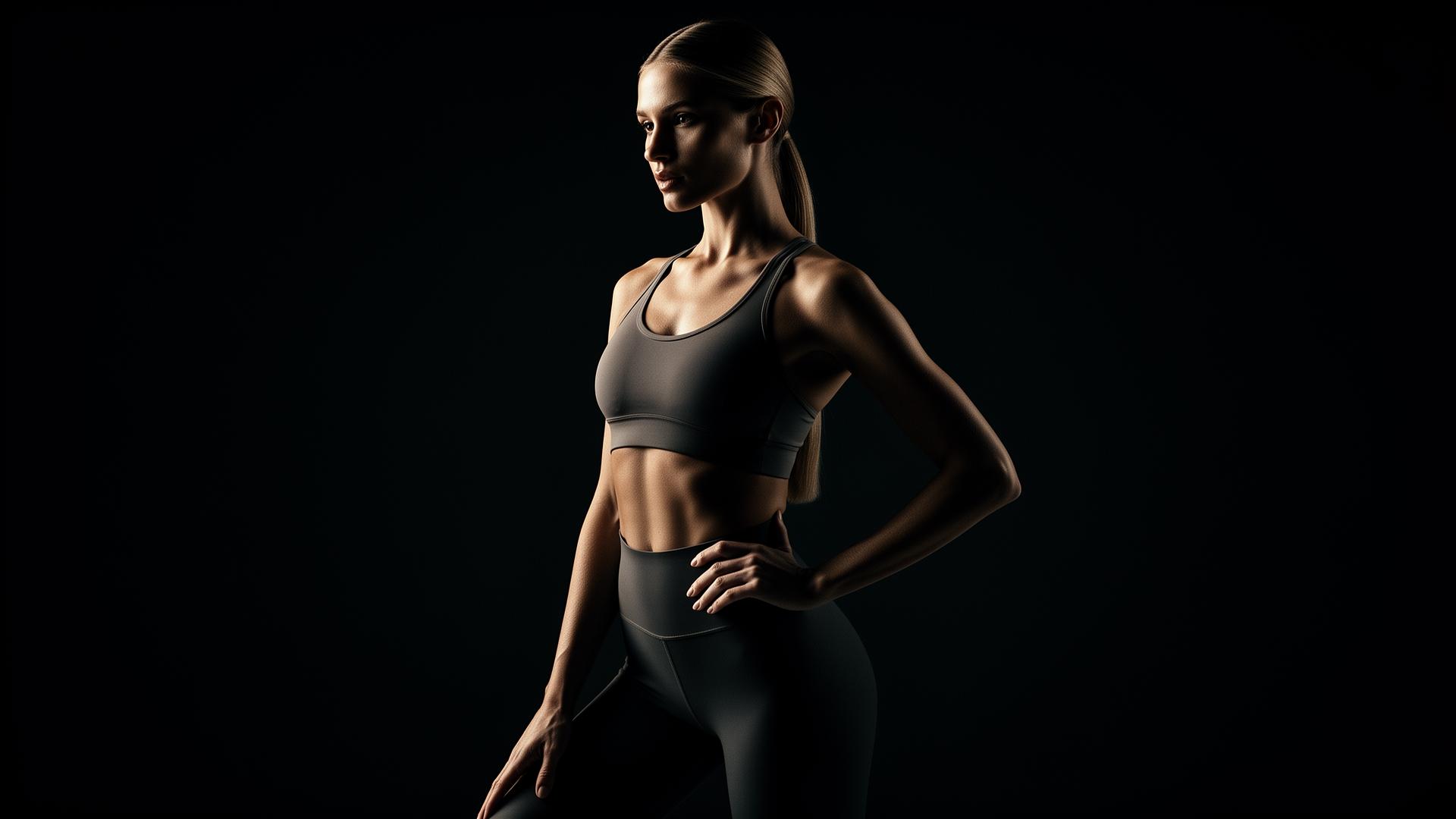 An athletic woman in minimal activewear, dramatic editorial lighting
