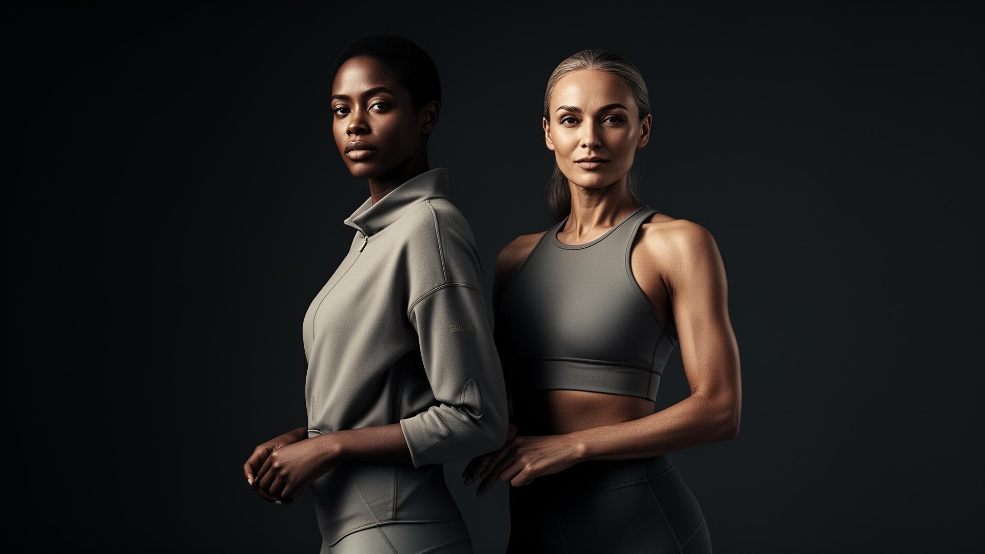 Two confident, fit adults in tonal clothing, dramatic editorial lighting