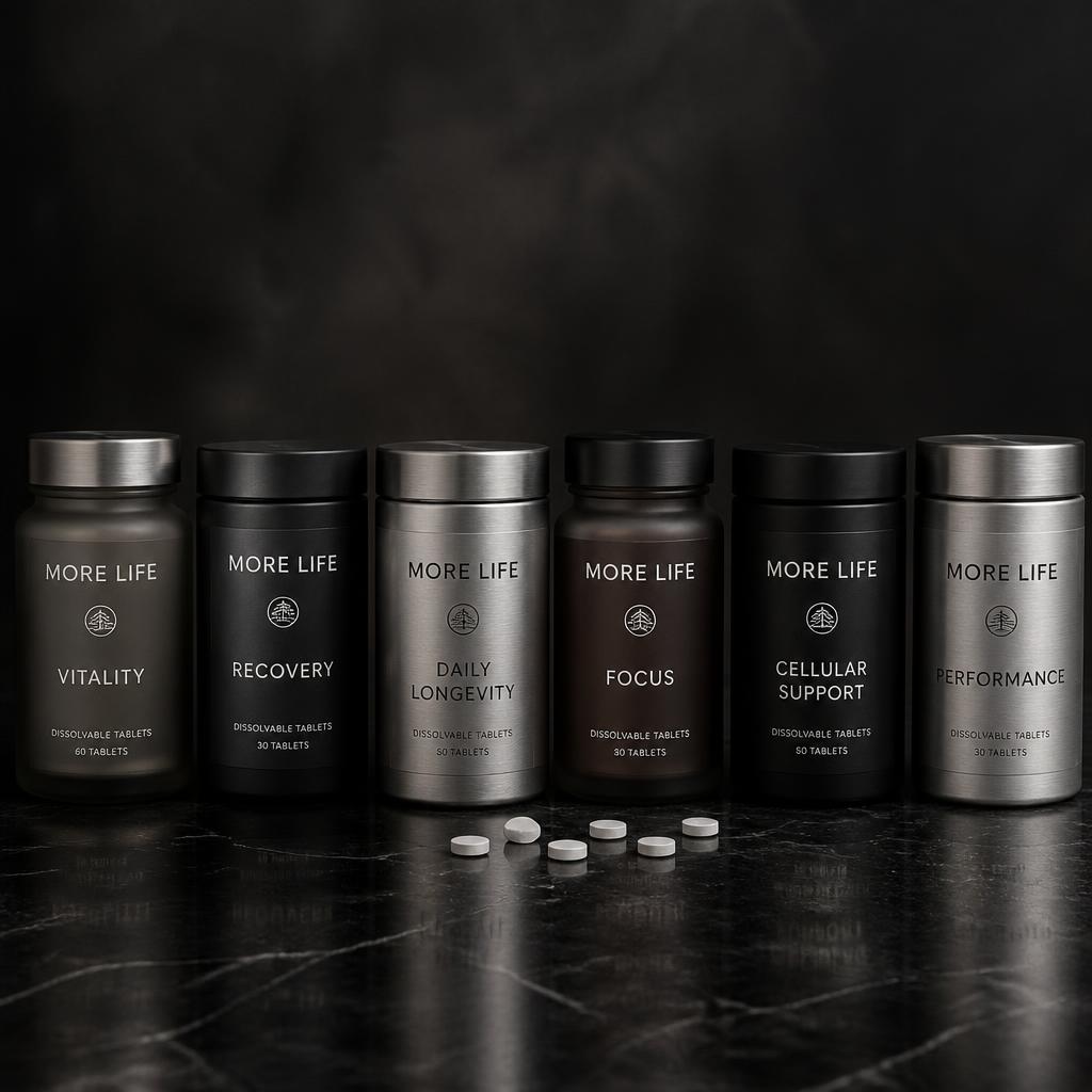 The More Life product family — six frosted glass jars